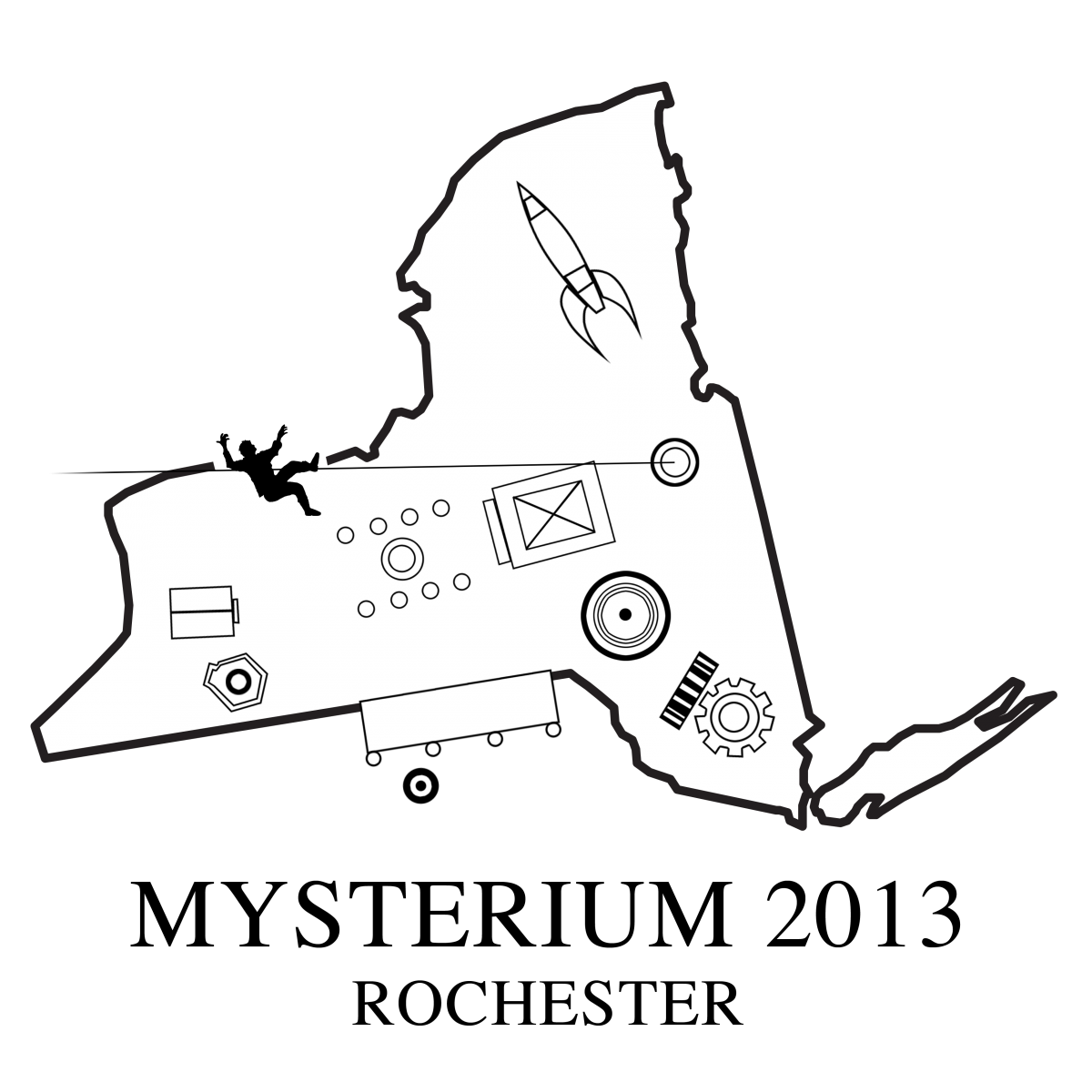 outline of New York state with Mysterium 2013 Rochester in text and icons of the places of power