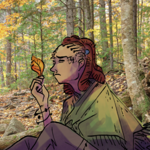 Yeesha sits in the forest, staring at a leaf that has turned orange