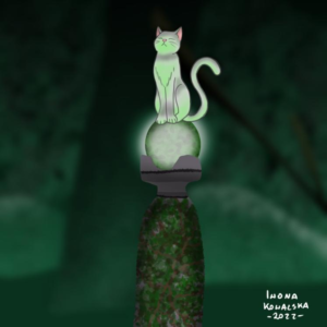 A white cat sits regally atop a glowing orb that is itself atop a stone column
