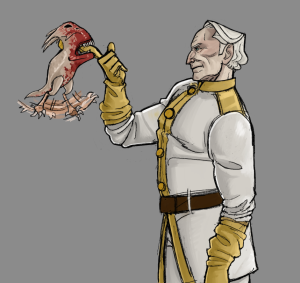 Drawing of Gehn standing with a piranha chicken biting his gloved finger. He holds his hand and finger in the air so the bird is dangling with its feet desperately swinging around.