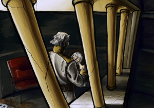 Painting of Gehn as seen behind a barred window with his hand longingly touching a picture of Keta.