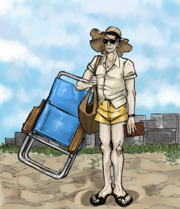 Digital painting of Gehn at the beach. He is standing with a beach chair under his right arm, a how to book in his left hand, sunglasses, and a frilly hat. His extra short swim trunks expose most of his legs.