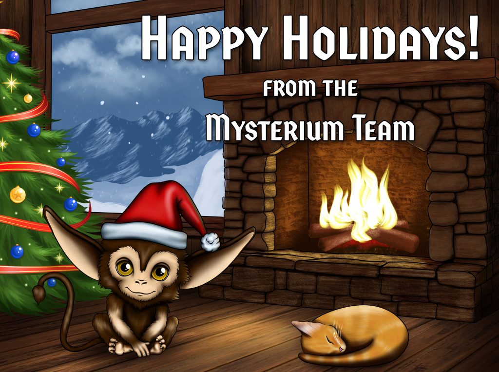 Happy Holidays from the Mysterium Team! Cozy scene with curled up Flame cat and a mangree wearing a santa hat by a fire with snow outside.